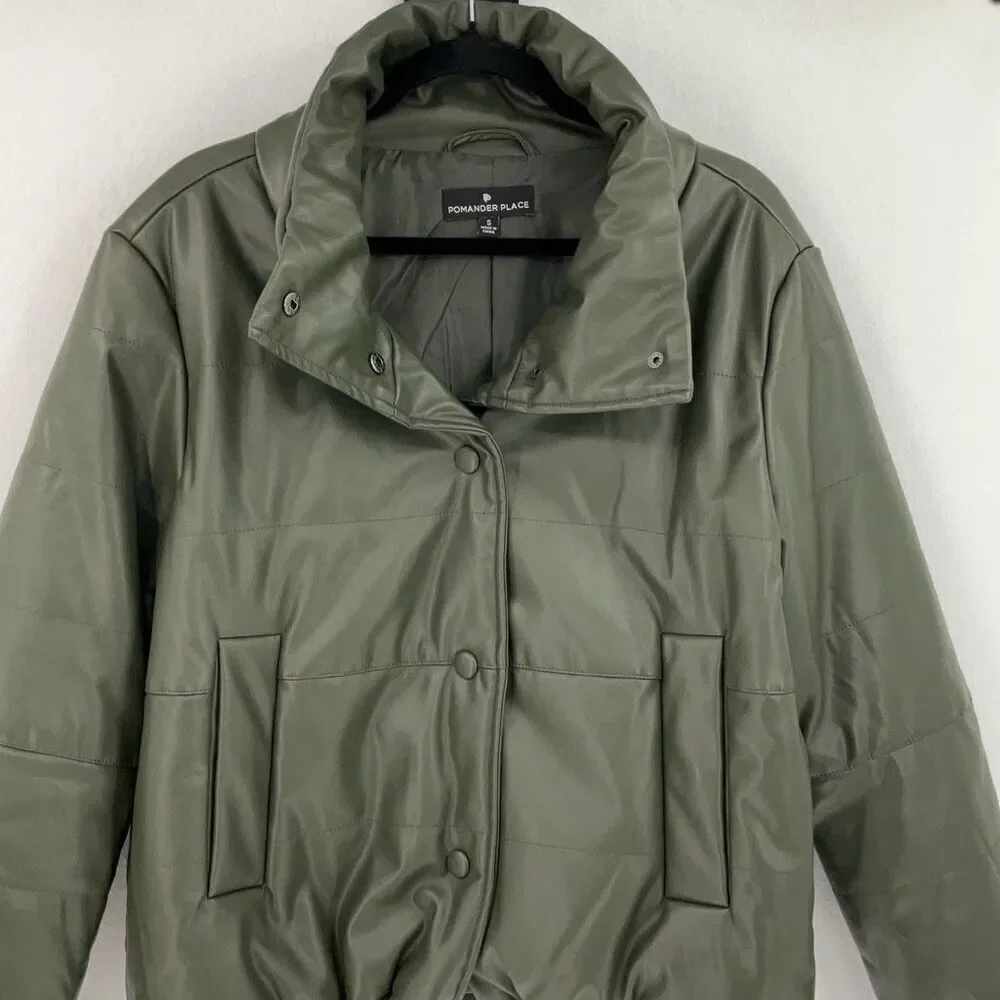 Pomander Place Olive Green Tuckernuck Faux Leather Puffer Coat Jacket Size Small - Picture 4 of 10